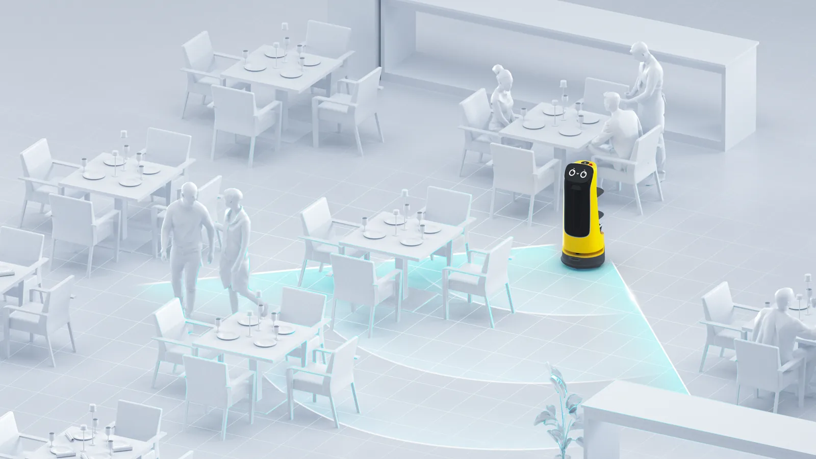 Render conceptual de KettyBot Pro percibiendo un entorno compartido